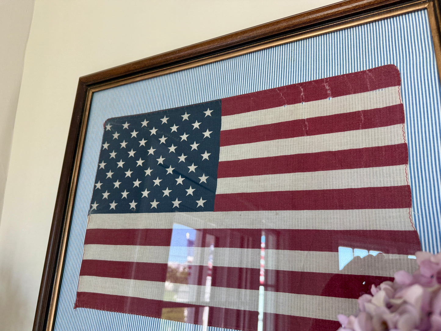 Vintage 50 Staggered Star American Flag on Blue Ticking Striped Fabric in Wood and Gold Frame