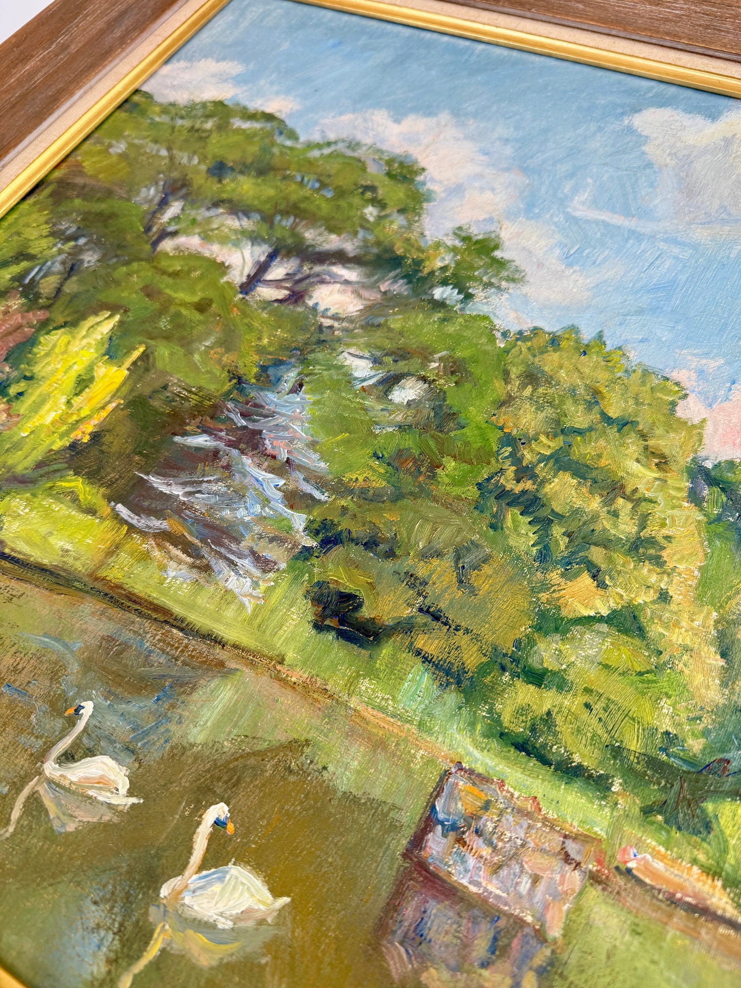 Troels Trier 1953 Impressionist Park Landscape with Swans in Pond Oil Painting in Wide Wood Frame
