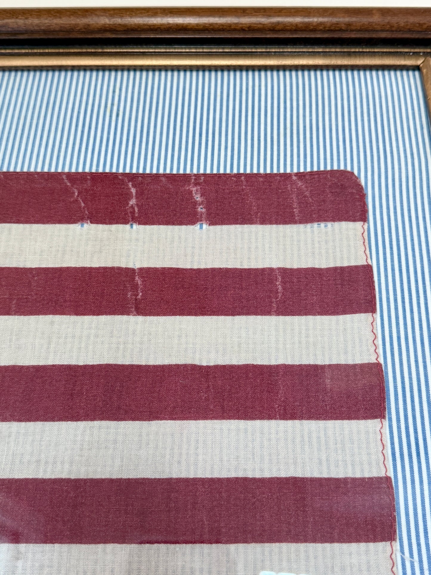 Vintage 50 Staggered Star American Flag on Blue Ticking Striped Fabric in Wood and Gold Frame
