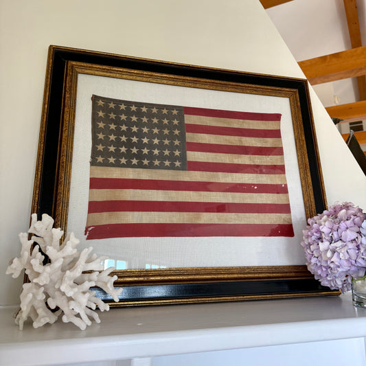 Antique 48 Star American Flag on White Duck Cloth in Black and Gold Frame