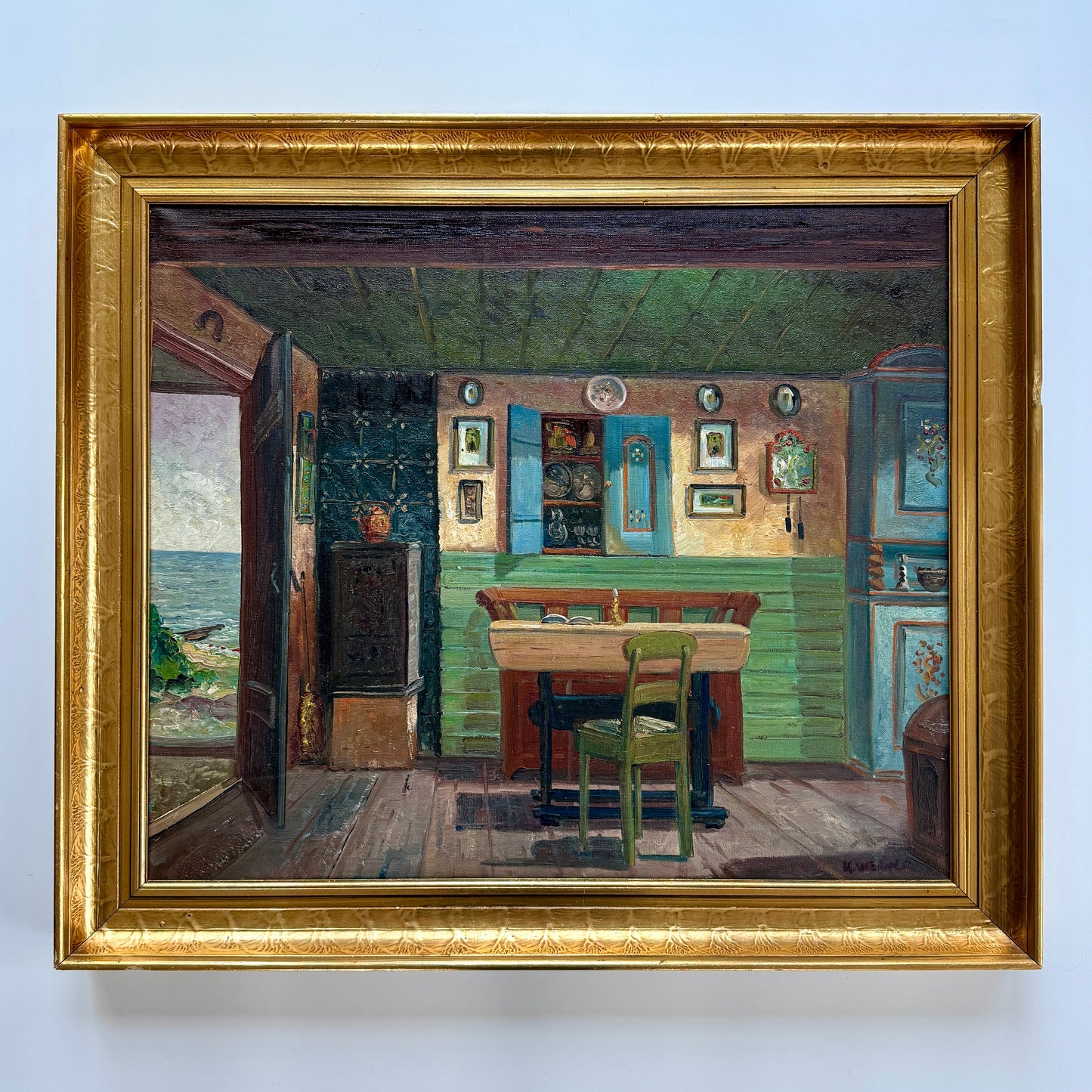 Farmhouse Colorful Interior Scene with Door Open to the Beach Oil Painting in Gold Frame