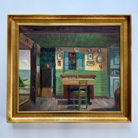 Farmhouse Colorful Interior Scene with Door Open to the Beach Oil Painting in Gold Frame
