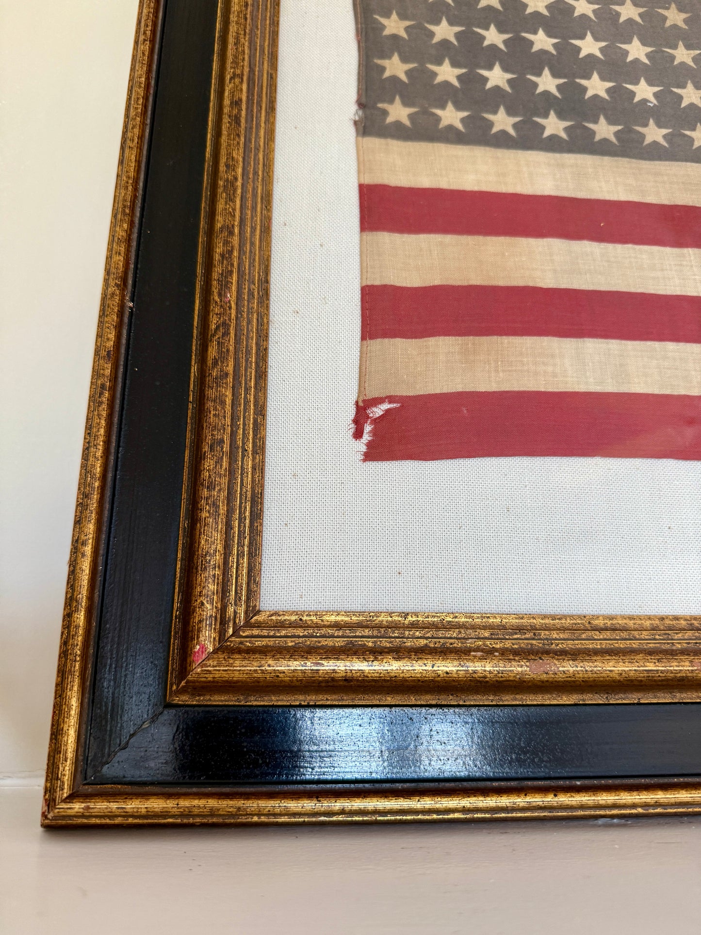 Antique 48 Star American Flag on White Duck Cloth in Black and Gold Frame