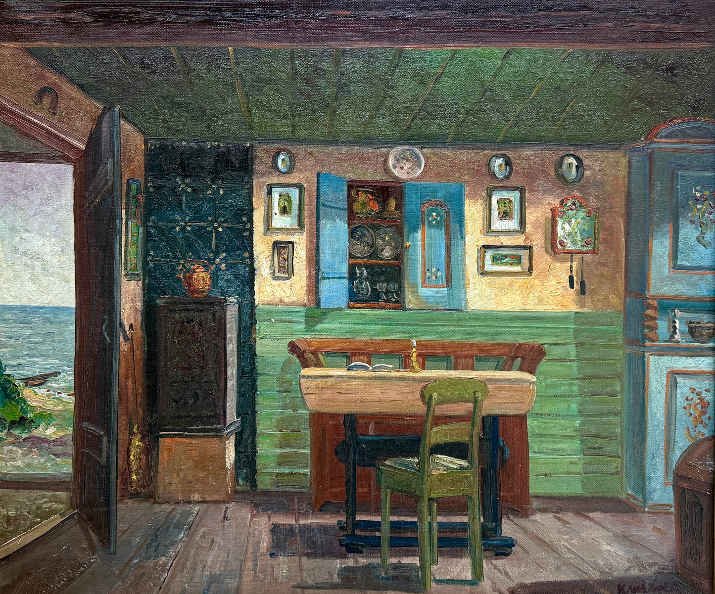 Farmhouse Colorful Interior Scene with Door Open to the Beach Oil Painting in Gold Frame