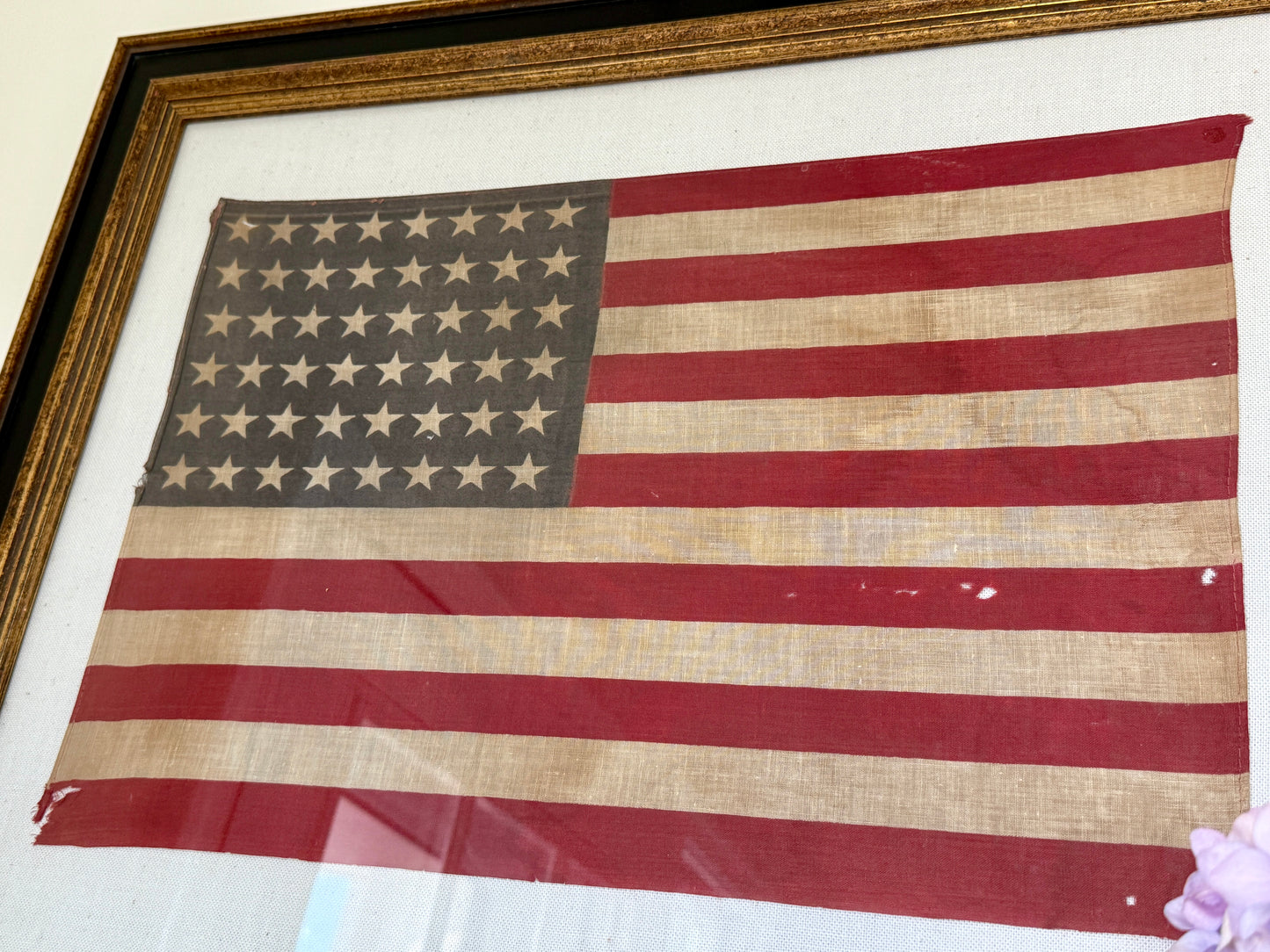 Antique 48 Star American Flag on White Duck Cloth in Black and Gold Frame