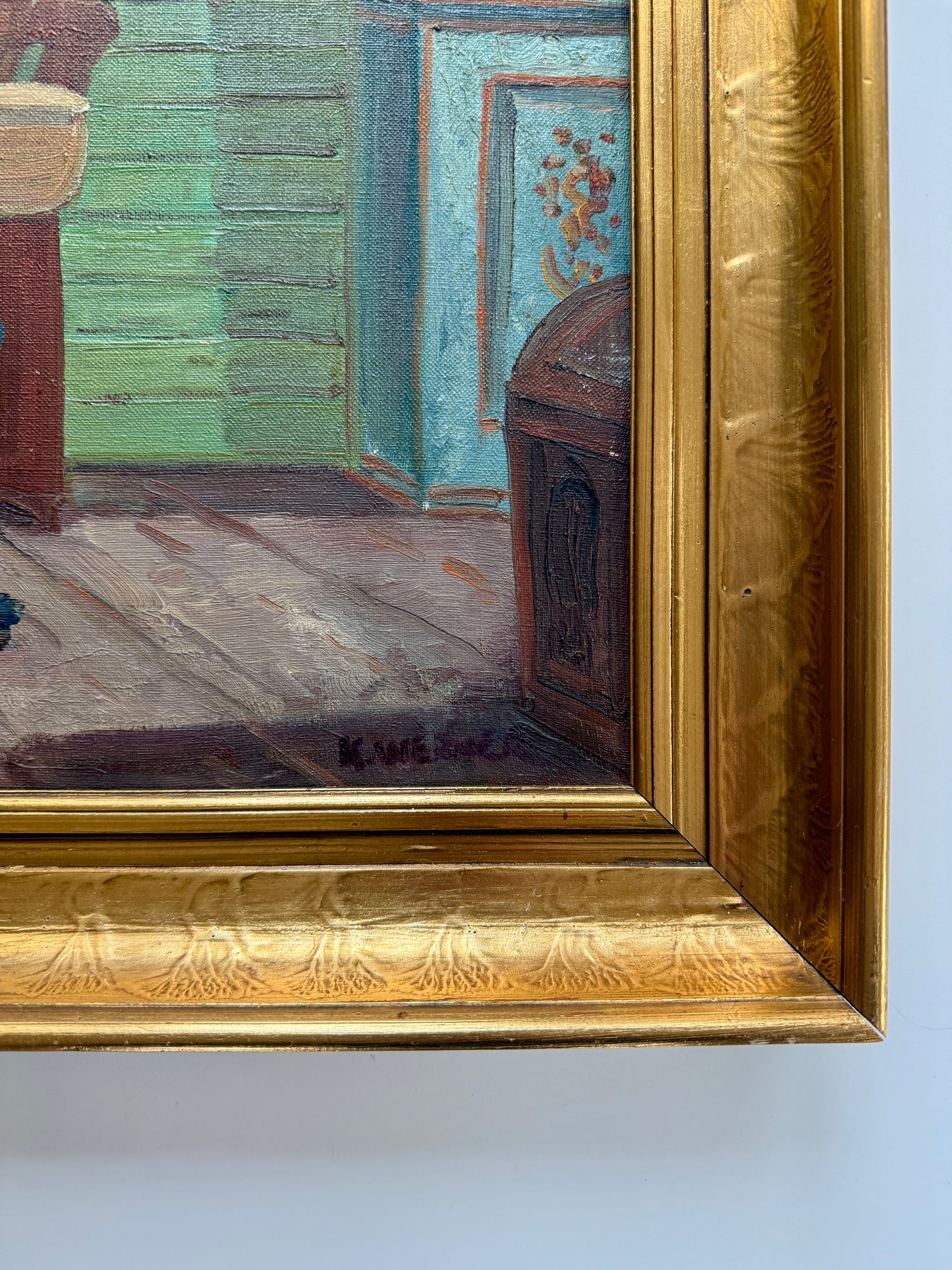 Farmhouse Colorful Interior Scene with Door Open to the Beach Oil Painting in Gold Frame