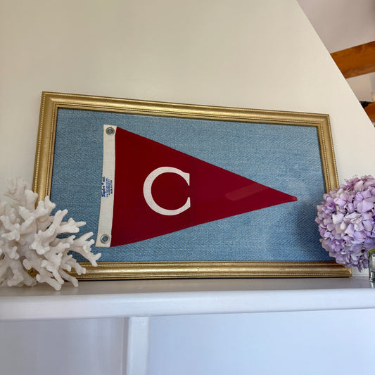 Vintage Red "C" Initial Burgee Nautical Flag on Light Blue Herringbone in Gold Frame