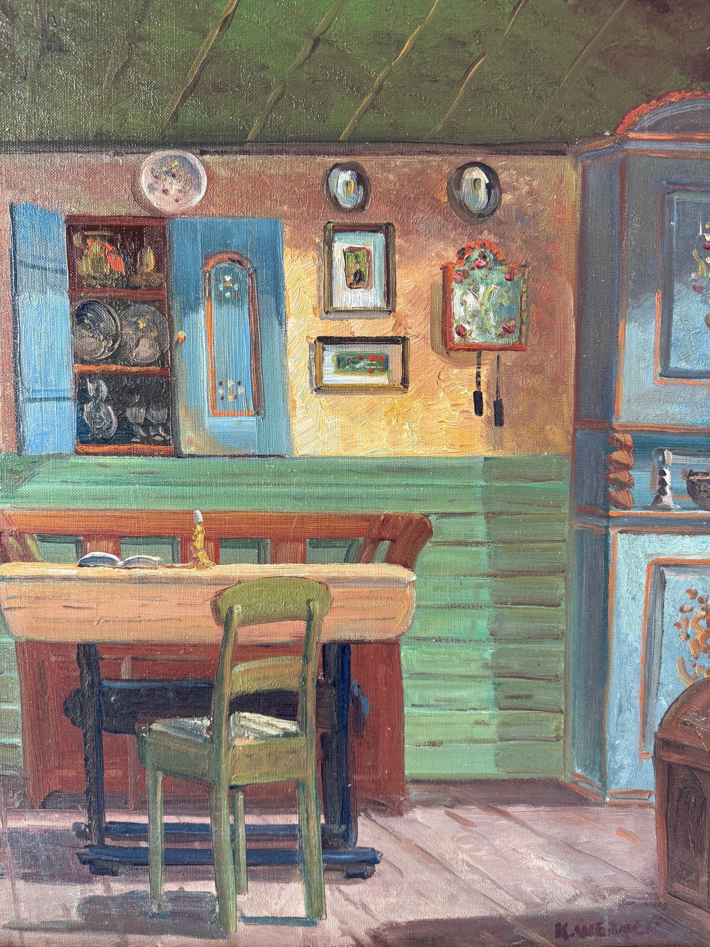 Farmhouse Colorful Interior Scene with Door Open to the Beach Oil Painting in Gold Frame