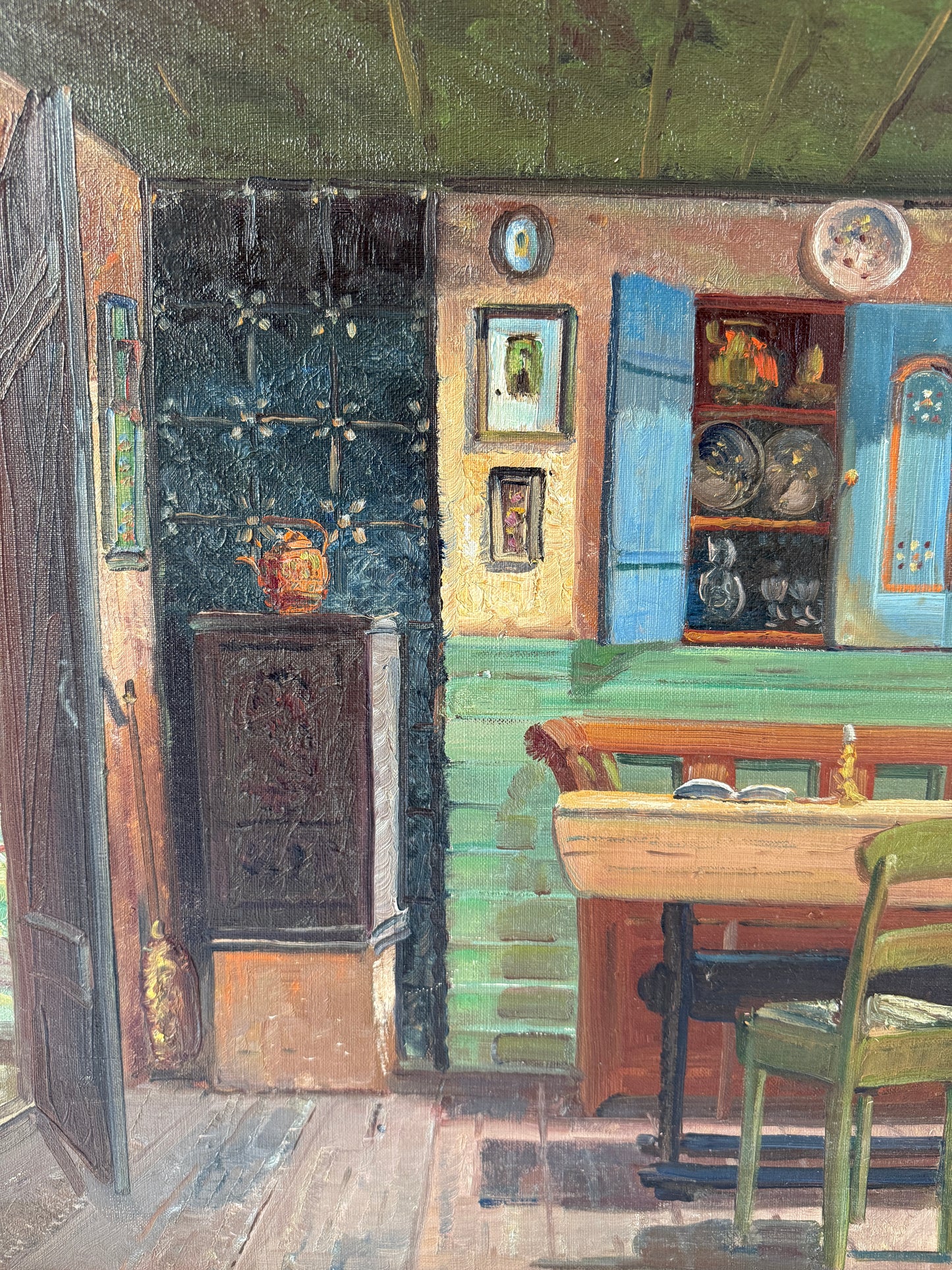 Farmhouse Colorful Interior Scene with Door Open to the Beach Oil Painting in Gold Frame