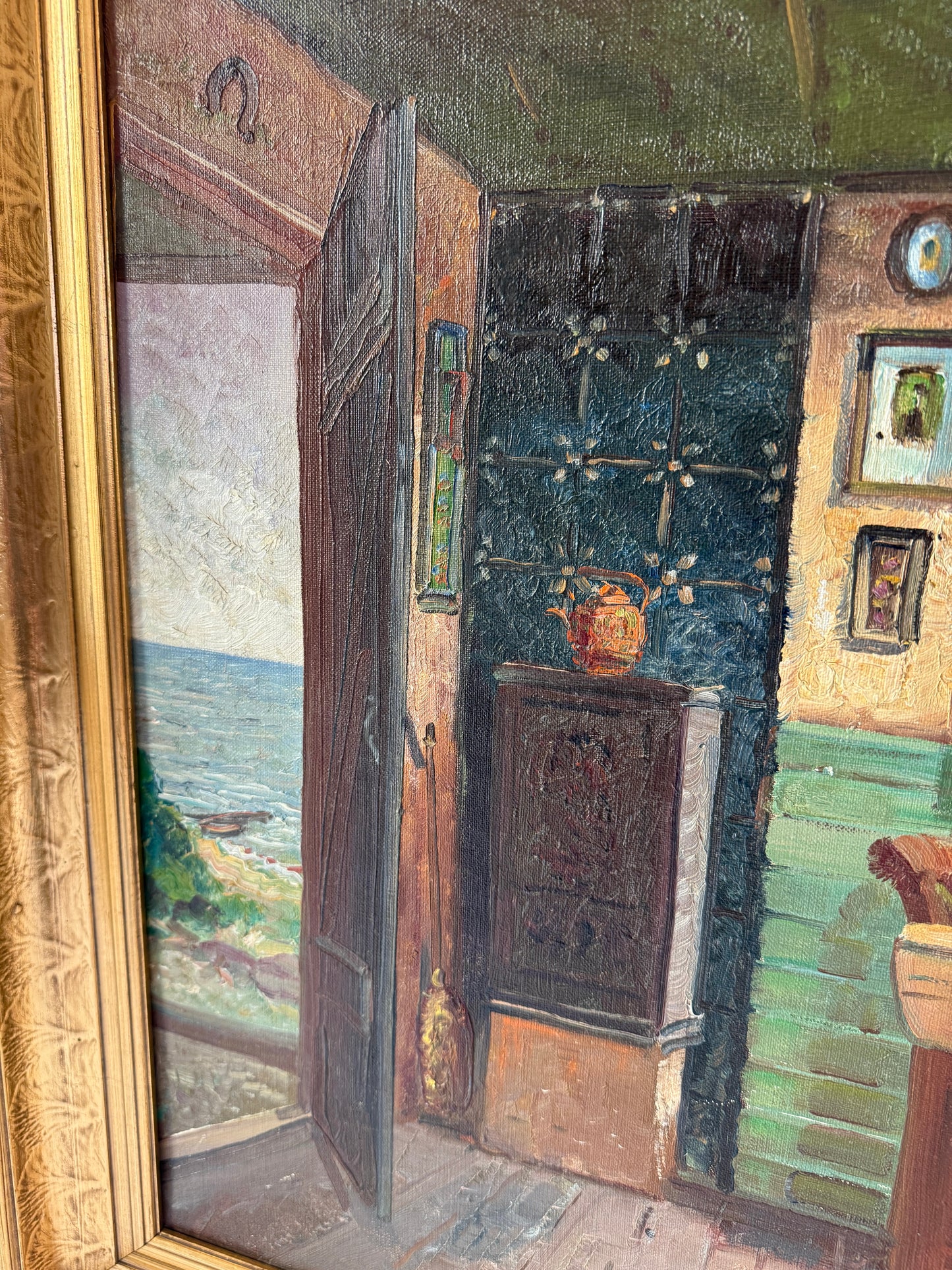 Farmhouse Colorful Interior Scene with Door Open to the Beach Oil Painting in Gold Frame