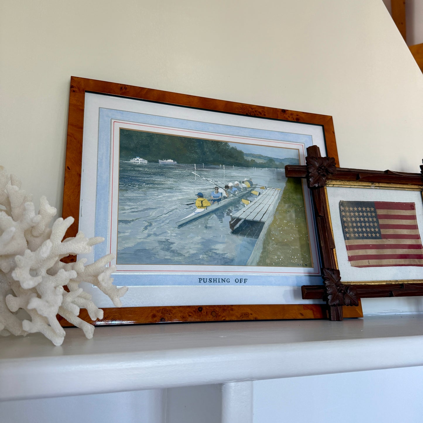 Pushing Off Crew Race Gouache Painting in Burlwood Frame