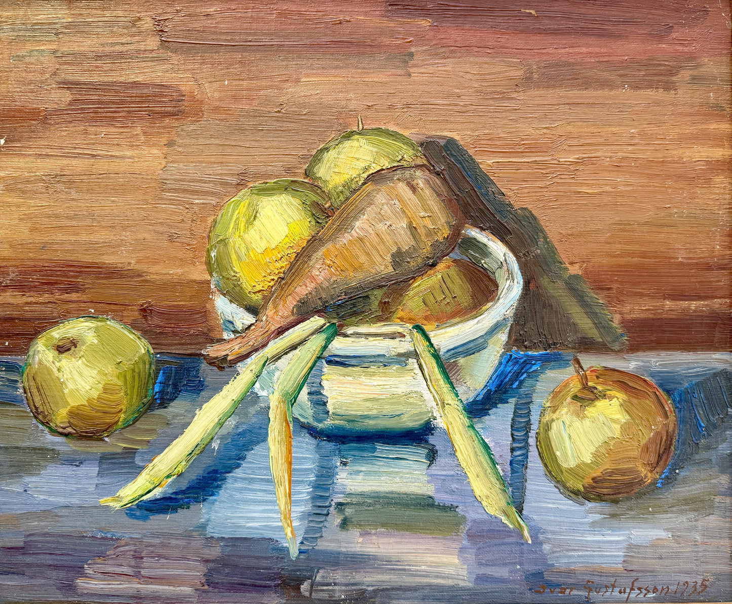 1935 Expressionist Still Life of Apples, Carrots and Peas in Wood Frame
