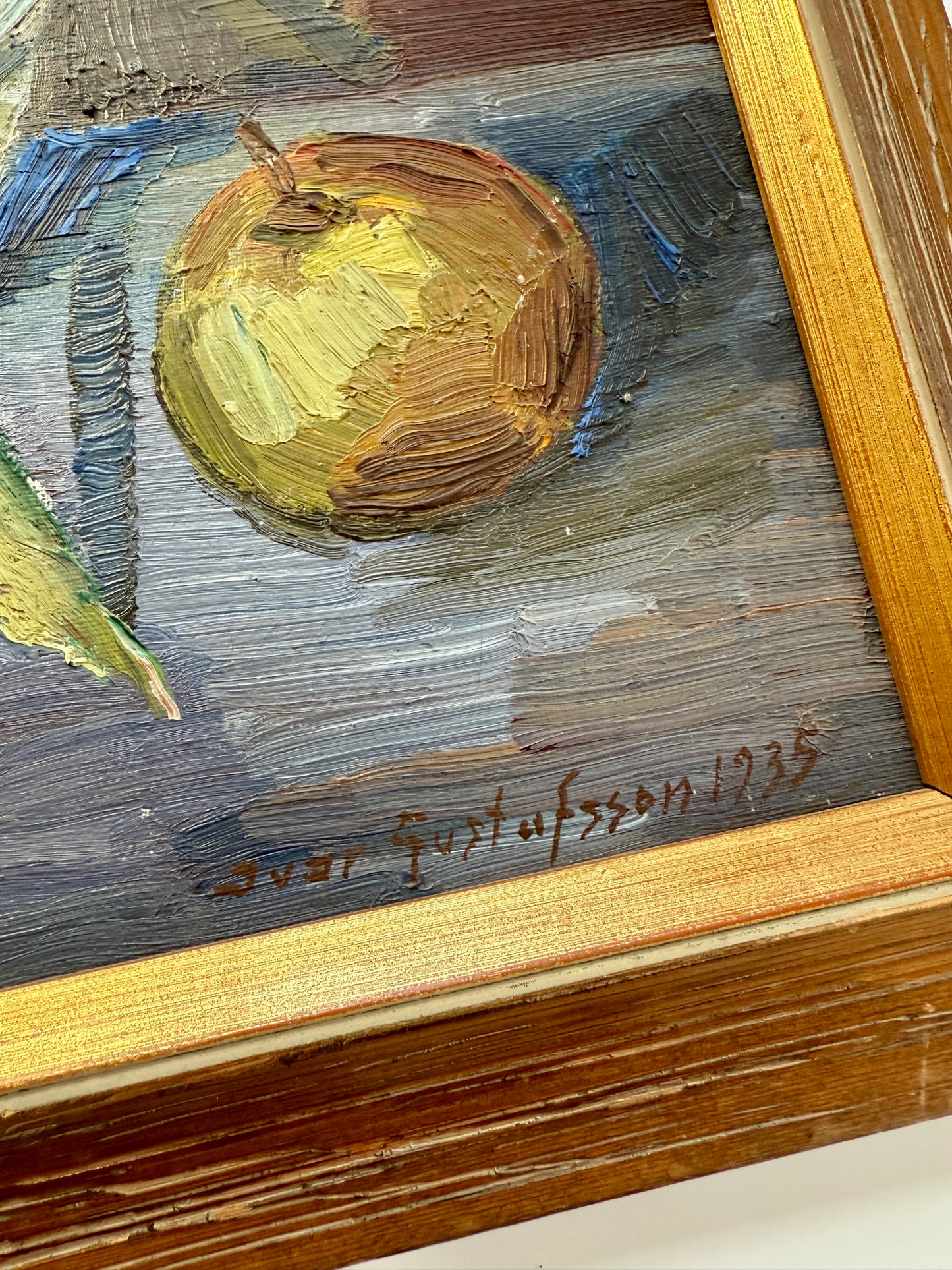 1935 Expressionist Still Life of Apples, Carrots and Peas in Wood Frame