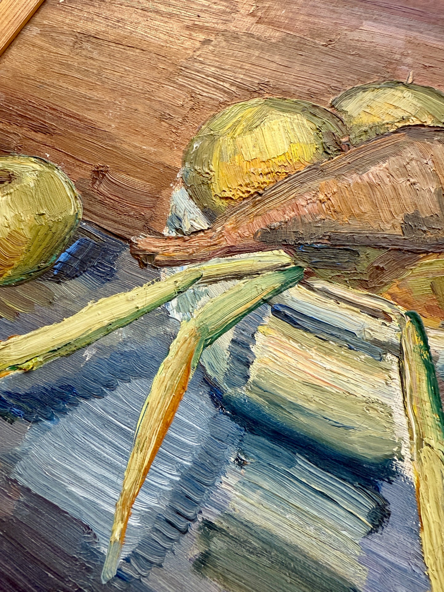 1935 Expressionist Still Life of Apples, Carrots and Peas in Wood Frame