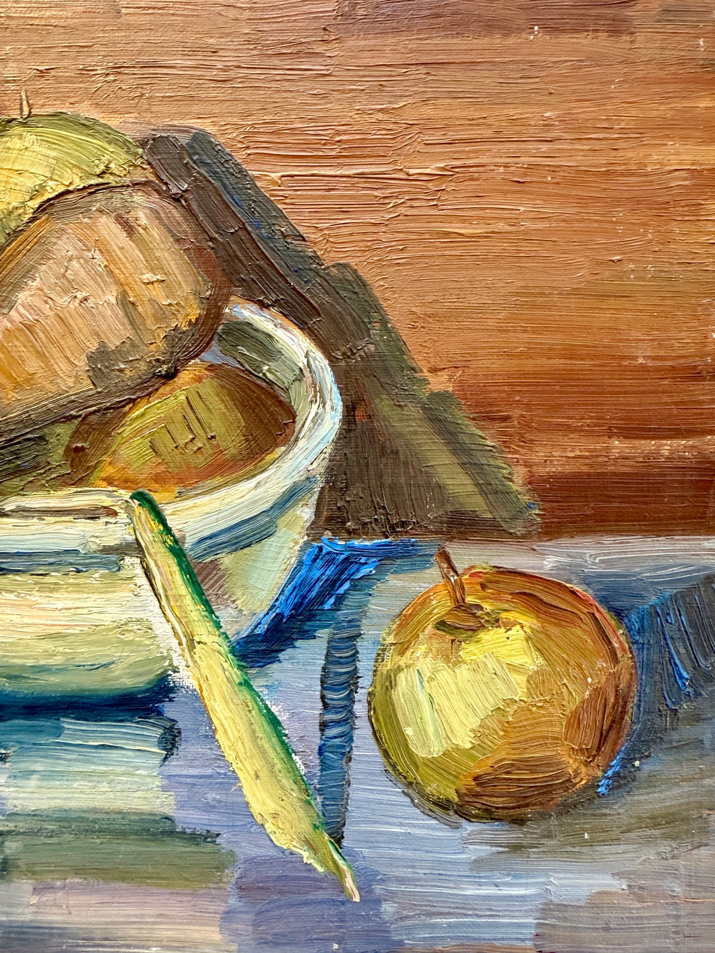1935 Expressionist Still Life of Apples, Carrots and Peas in Wood Frame