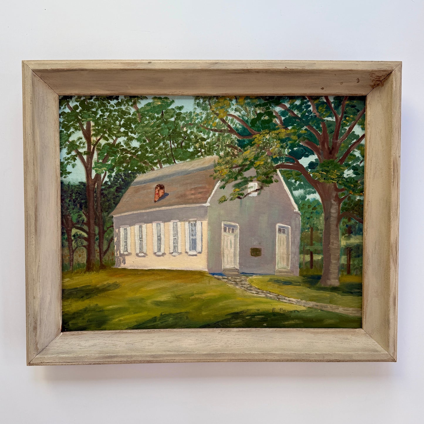 Vintage Oil Painting of a Pennsylvania Meeting House in Wooded Landscape in White Wood Frame