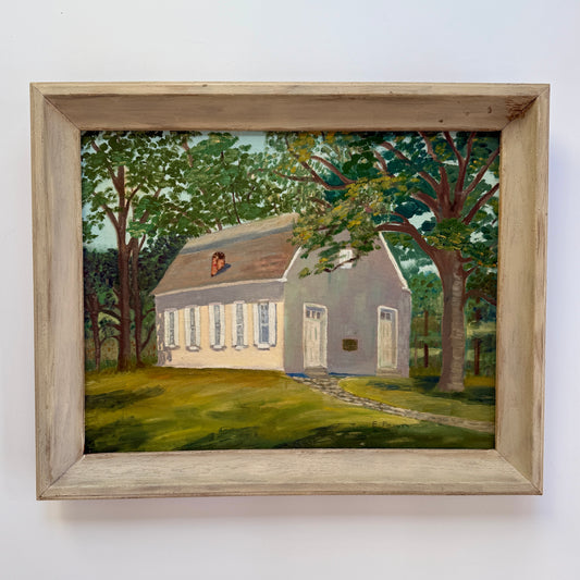 Vintage Oil Painting of a Pennsylvania Meeting House in Wooded Landscape in White Wood Frame