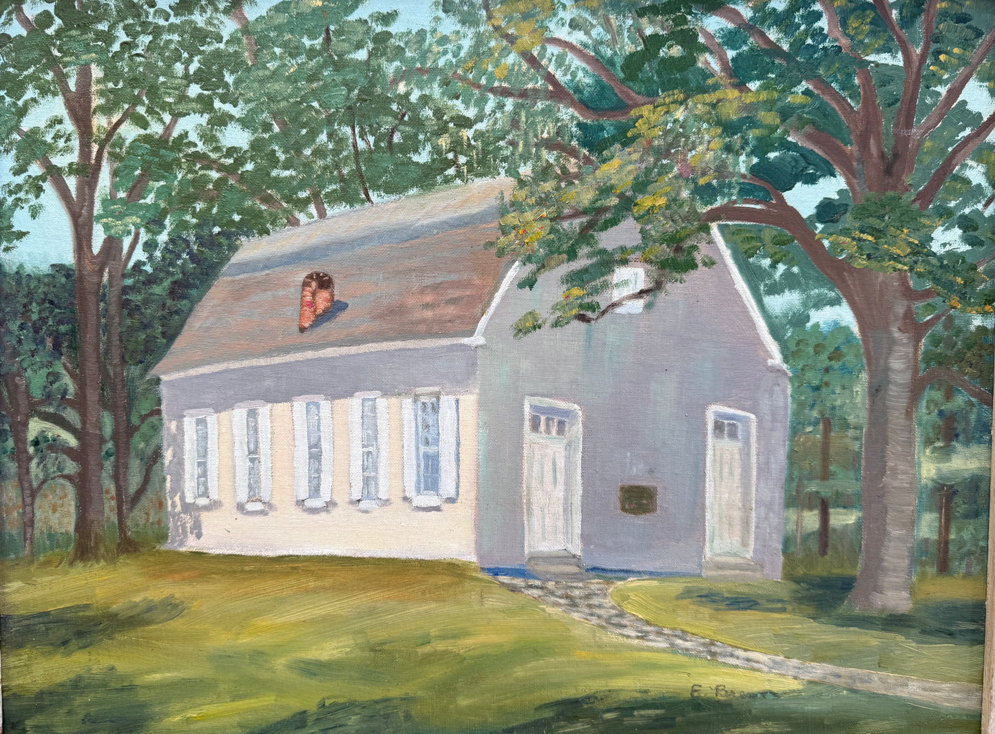 Vintage Oil Painting of a Pennsylvania Meeting House in Wooded Landscape in White Wood Frame