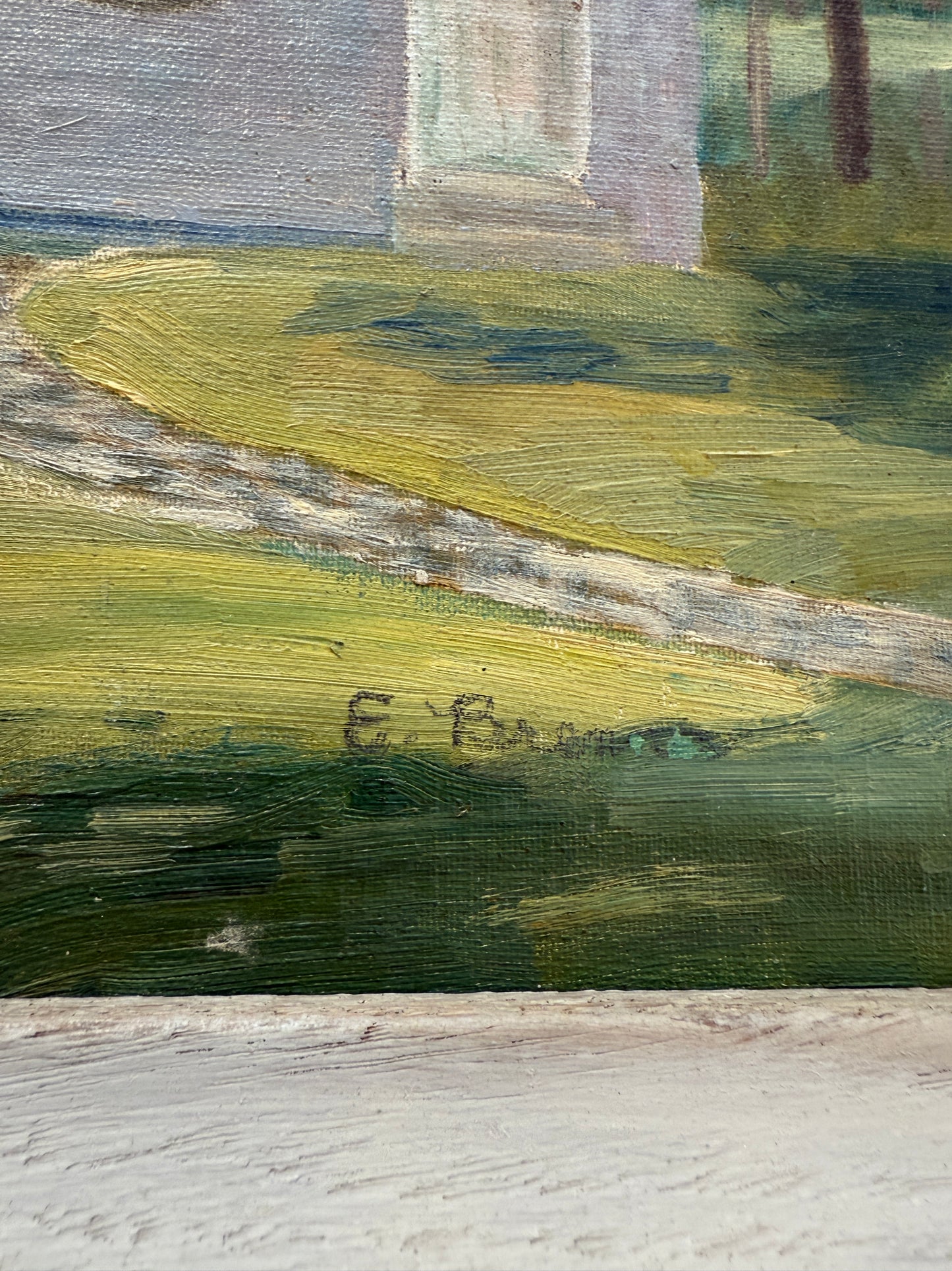 Vintage Oil Painting of a Pennsylvania Meeting House in Wooded Landscape in White Wood Frame
