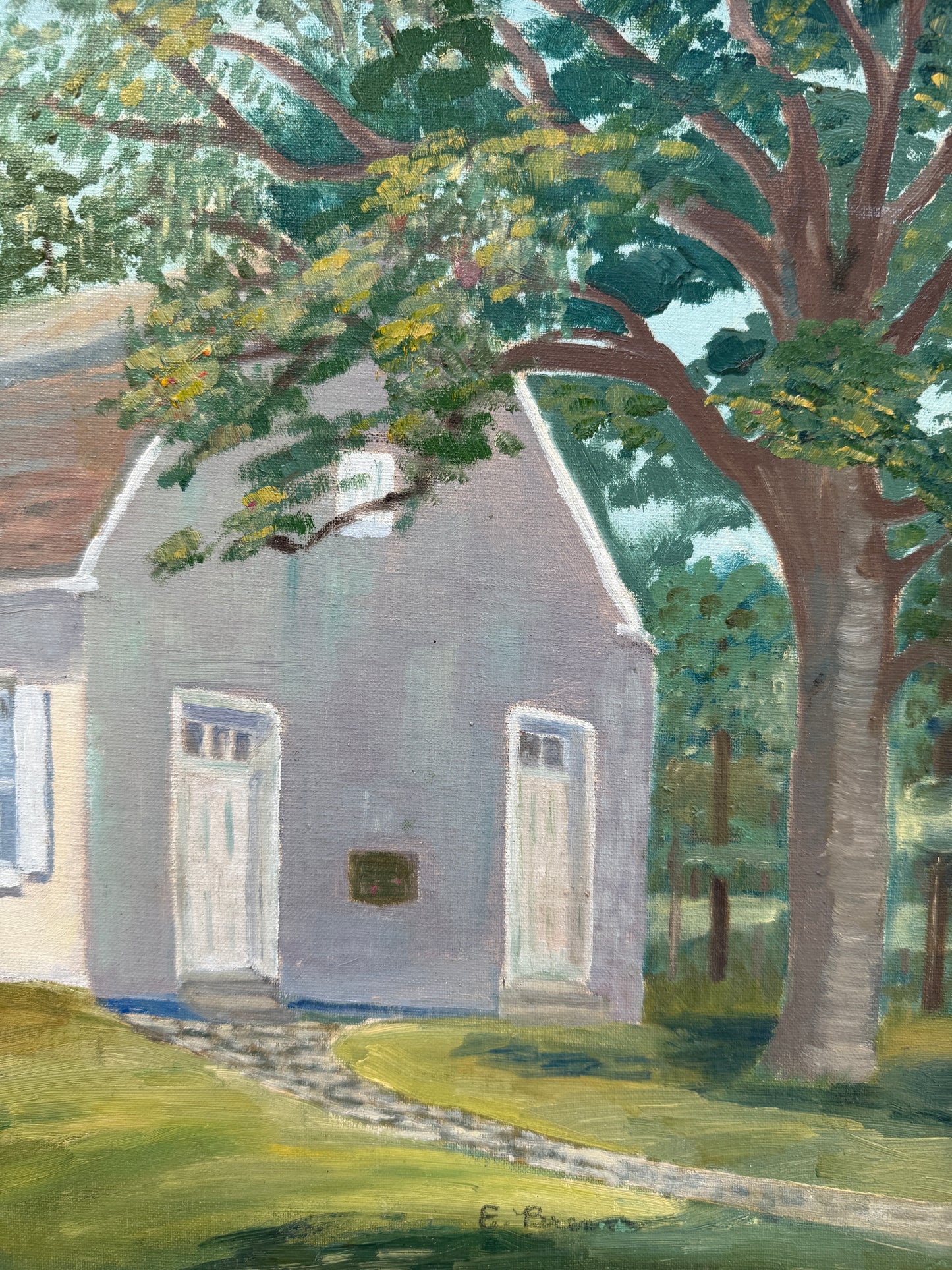 Vintage Oil Painting of a Pennsylvania Meeting House in Wooded Landscape in White Wood Frame
