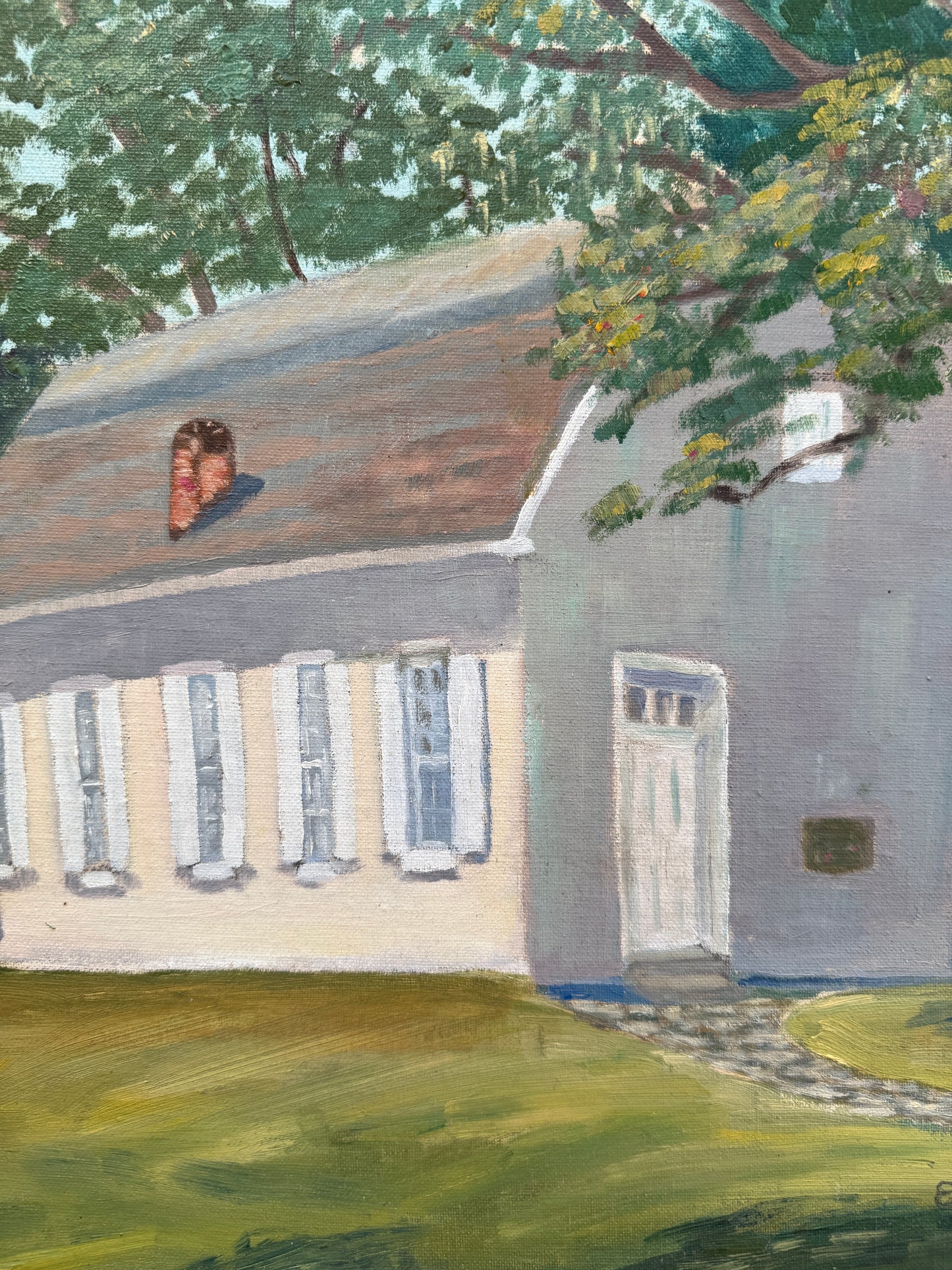 Vintage Oil Painting of a Pennsylvania Meeting House in Wooded Landscape in White Wood Frame