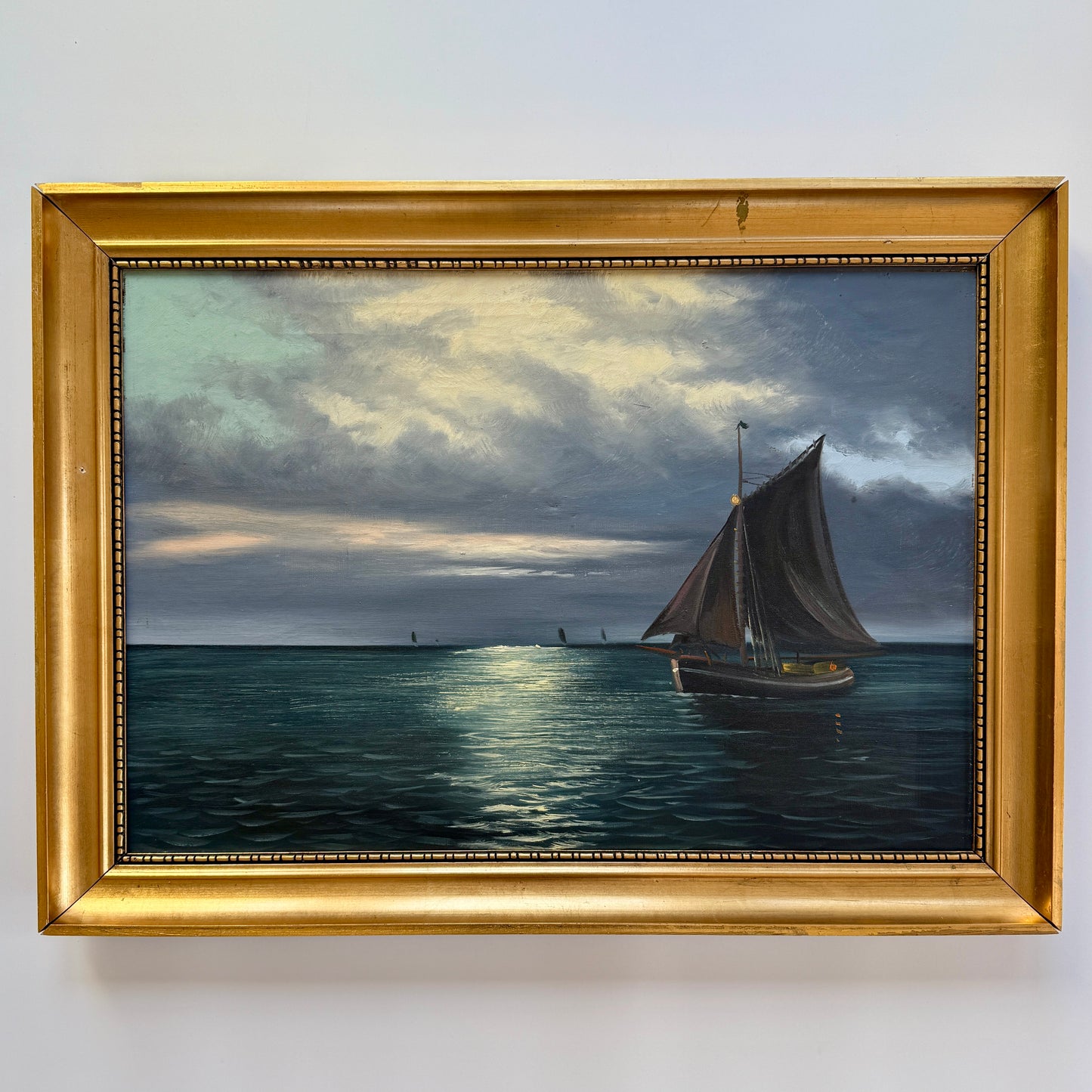 Early 20th C. Sailboats Under the Moonlight Seascape Oil Painting in Gold Frame