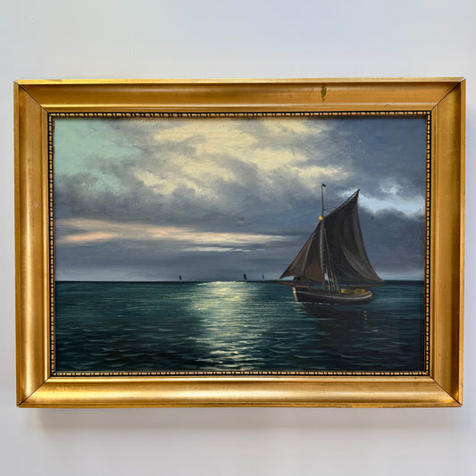 Early 20th C. Sailboats Under the Moonlight Seascape Oil Painting in Gold Frame