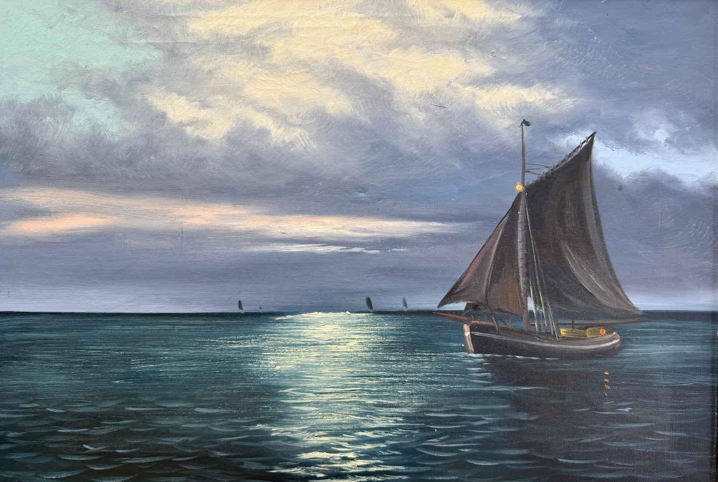 Early 20th C. Sailboats Under the Moonlight Seascape Oil Painting in Gold Frame