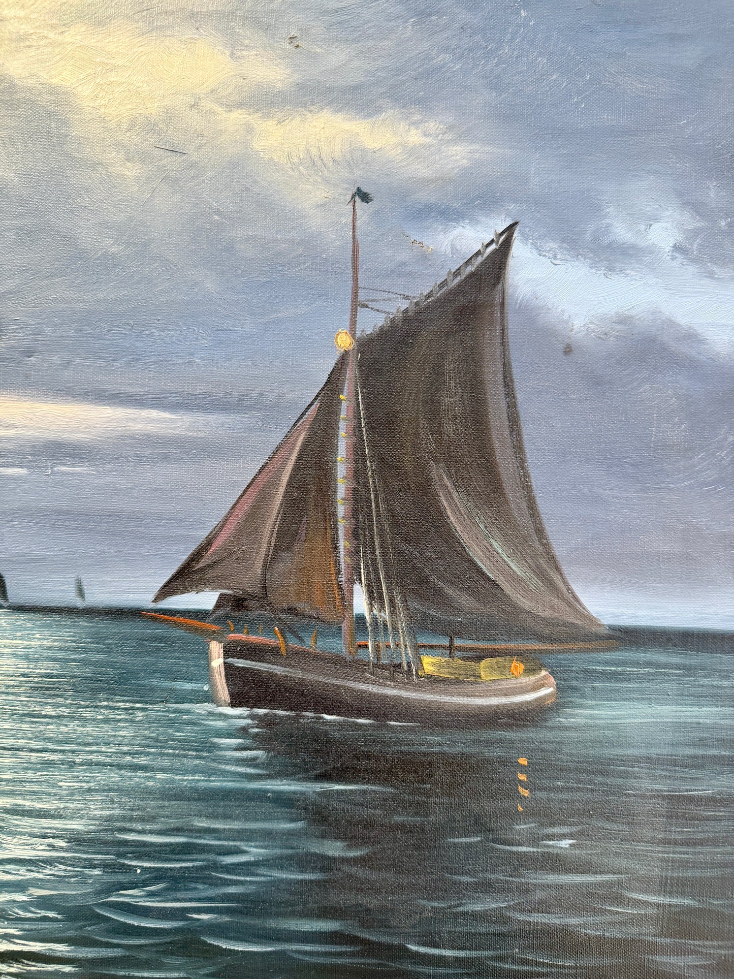 Early 20th C. Sailboats Under the Moonlight Seascape Oil Painting in Gold Frame