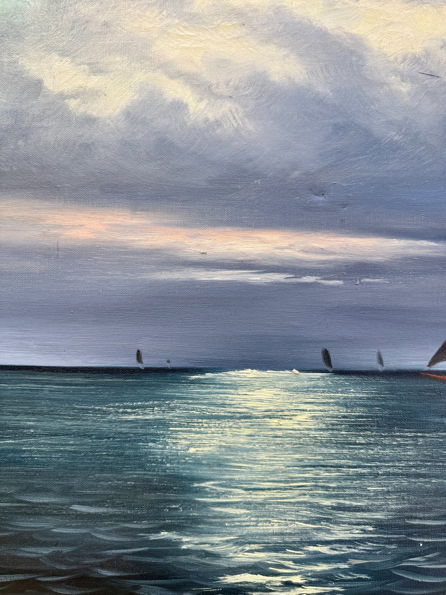Early 20th C. Sailboats Under the Moonlight Seascape Oil Painting in Gold Frame