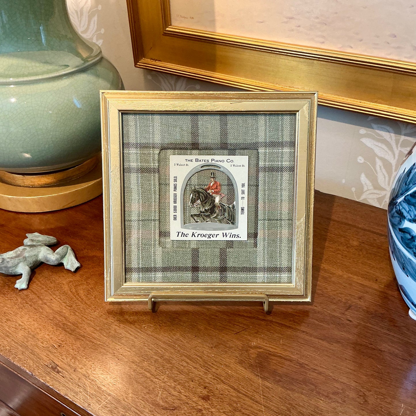 Antique Bates Piano Horse and Rider Diecut Advertisement on Green Wool Plaid in Gold Frame