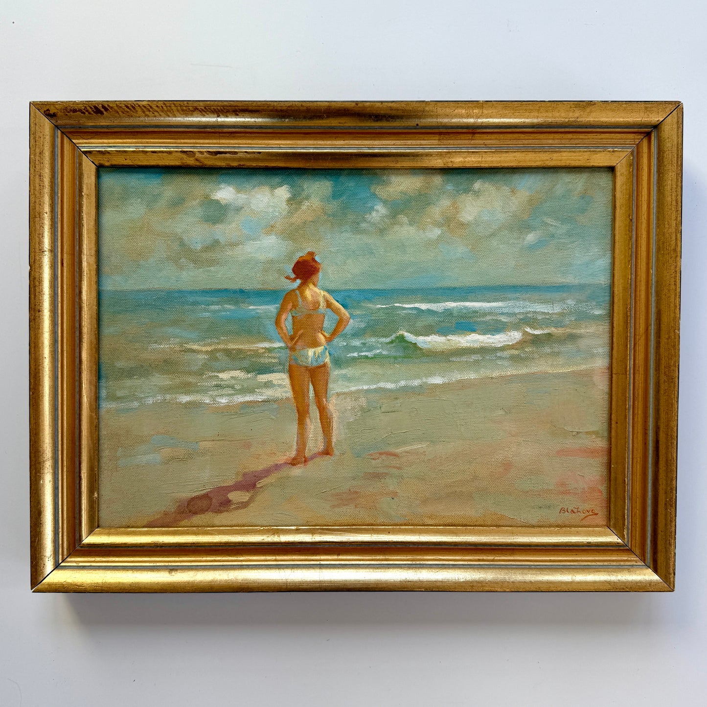 Marcos Blahove Redhead Girl and the Sea Oil Painting in Gold Frame