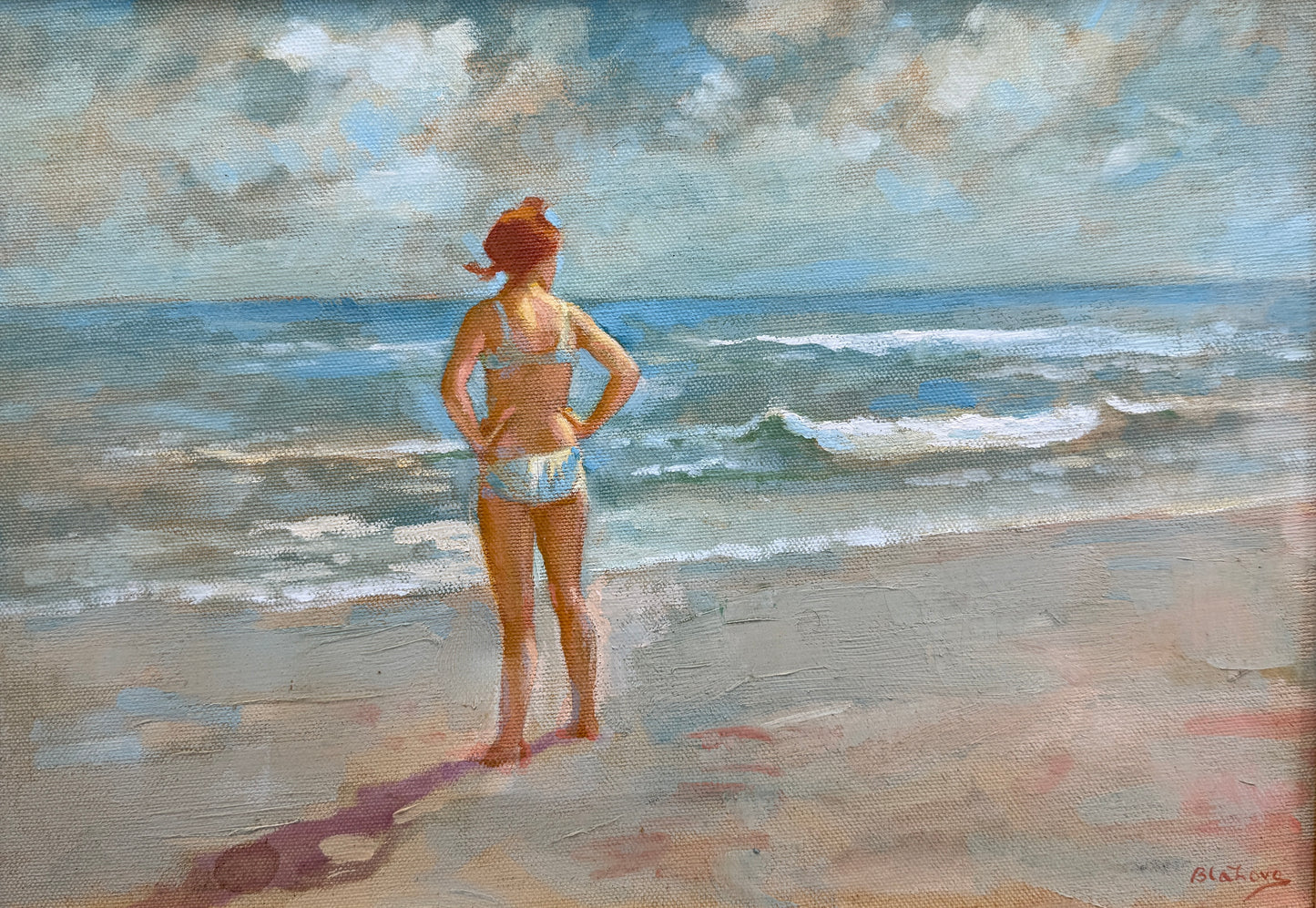 Marcos Blahove Redhead Girl and the Sea Oil Painting in Gold Frame