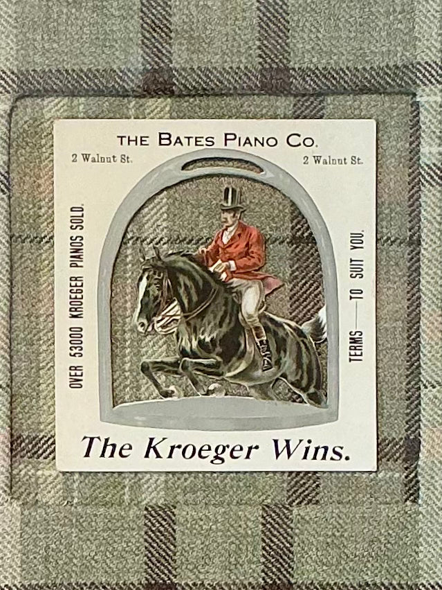 Antique Bates Piano Horse and Rider Diecut Advertisement on Green Wool Plaid in Gold Frame
