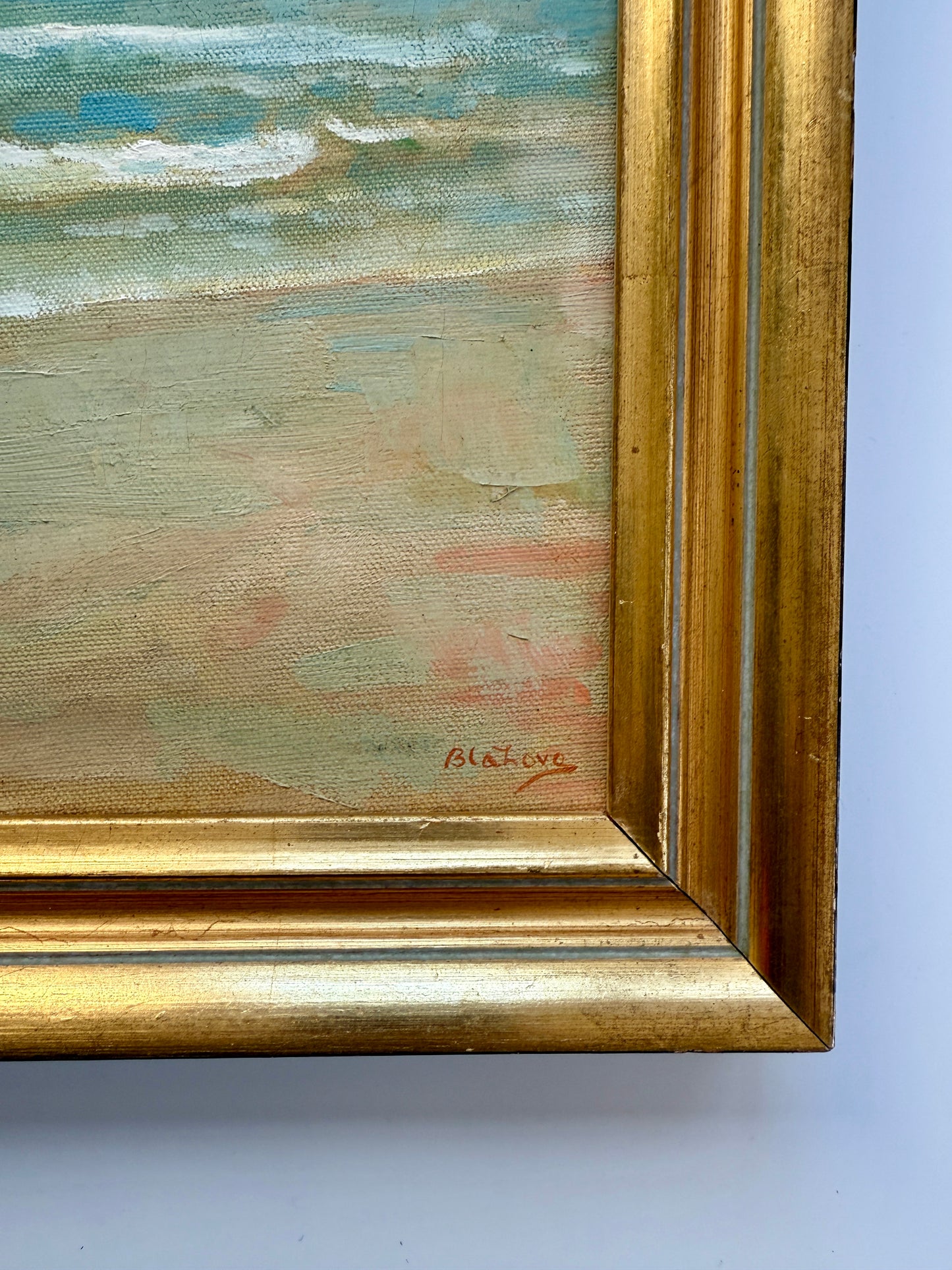 Marcos Blahove Redhead Girl and the Sea Oil Painting in Gold Frame