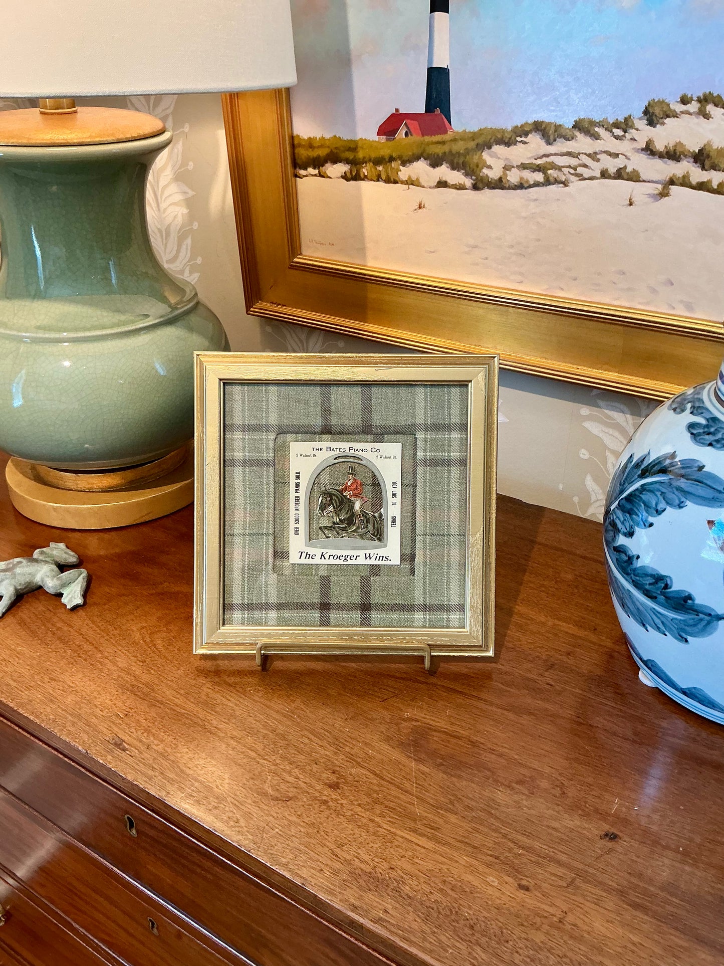 Antique Bates Piano Horse and Rider Diecut Advertisement on Green Wool Plaid in Gold Frame
