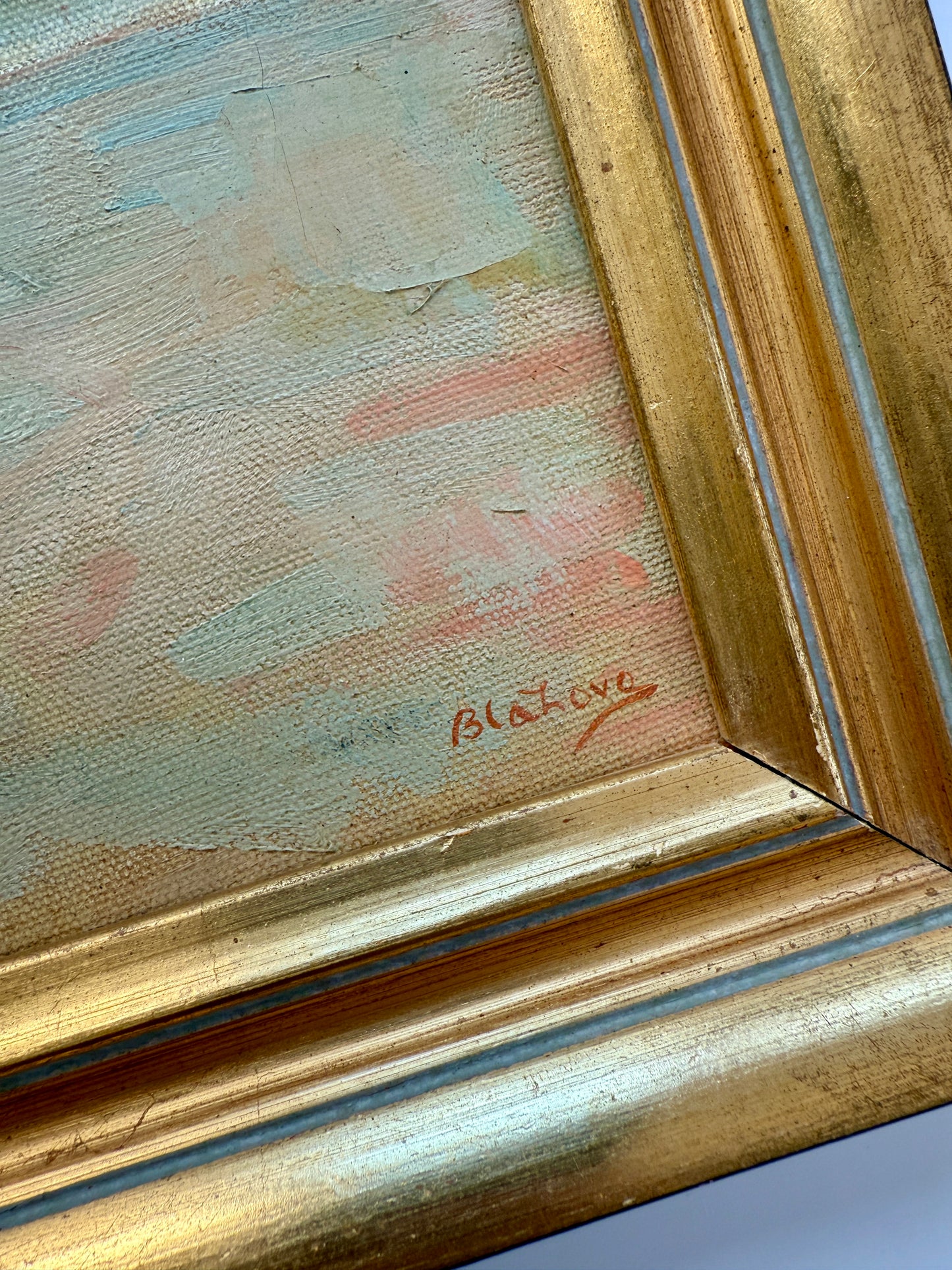 Marcos Blahove Redhead Girl and the Sea Oil Painting in Gold Frame