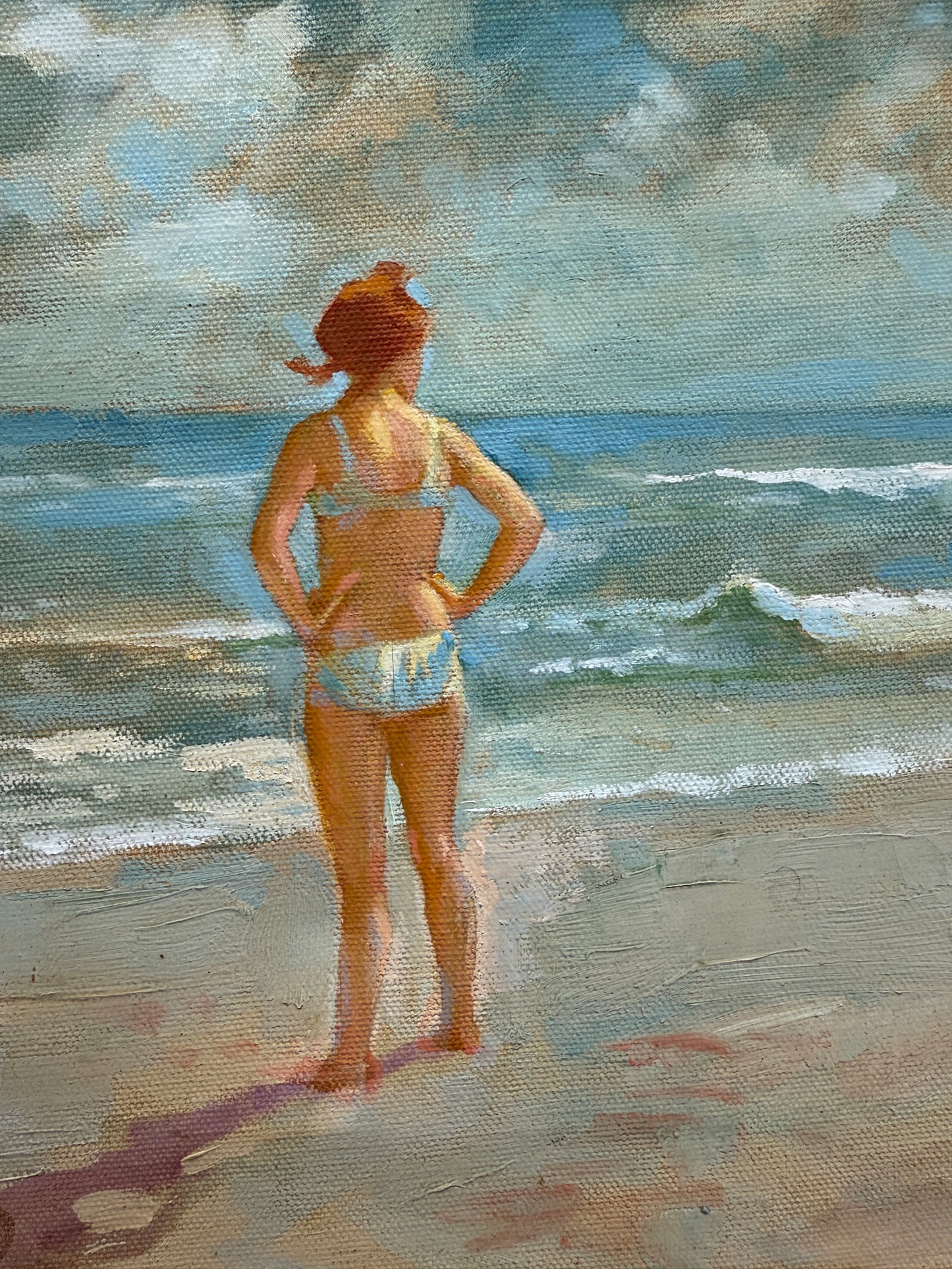 Marcos Blahove Redhead Girl and the Sea Oil Painting in Gold Frame