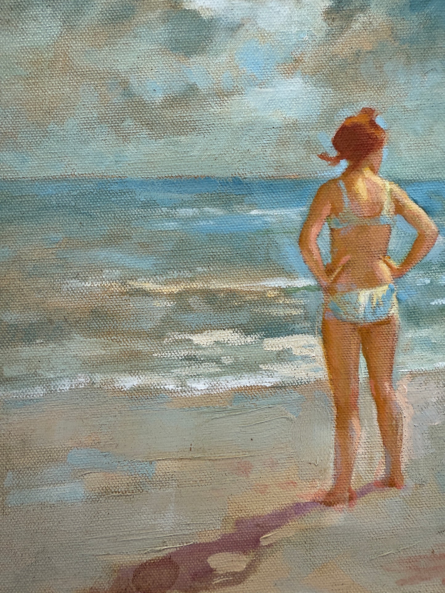 Marcos Blahove Redhead Girl and the Sea Oil Painting in Gold Frame