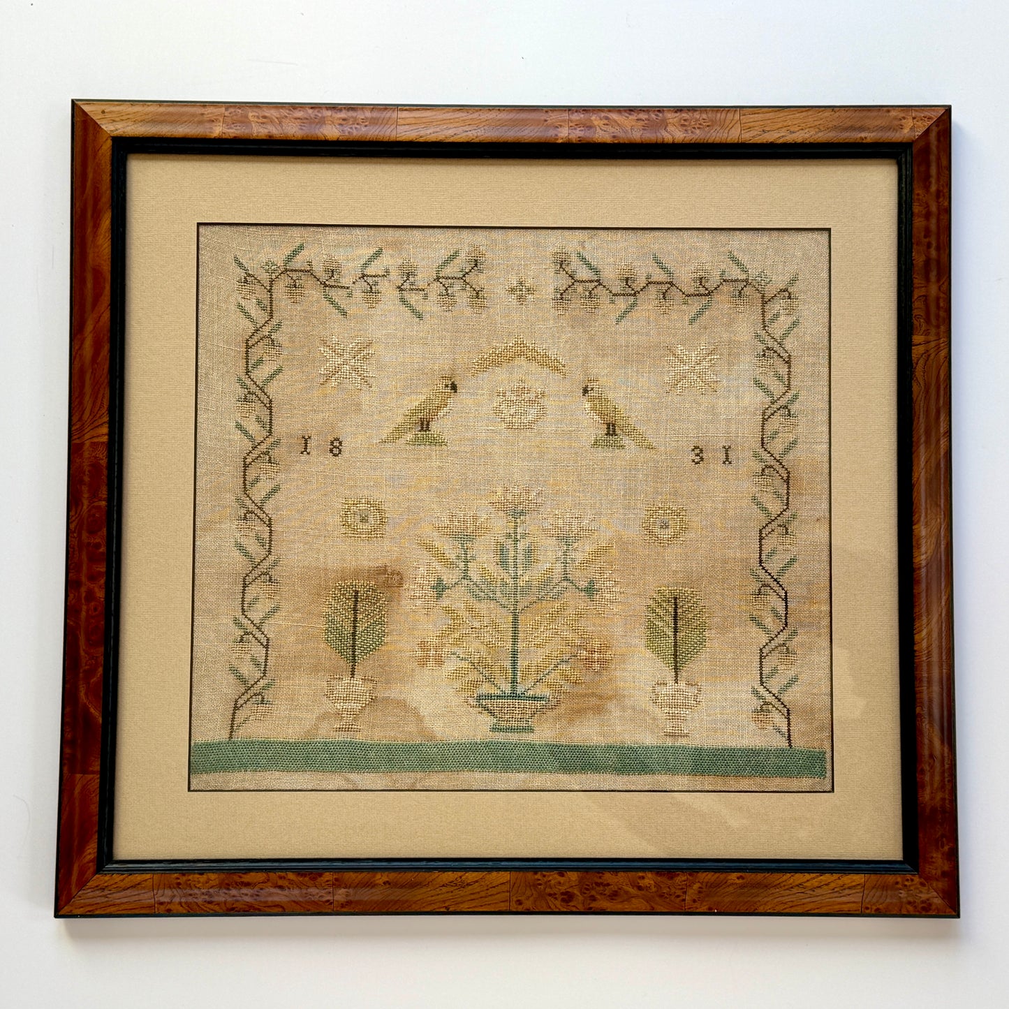 1831 English Needlepoint Sampler with Strawberry Vine, Birds, Tree in Burlwood Frame