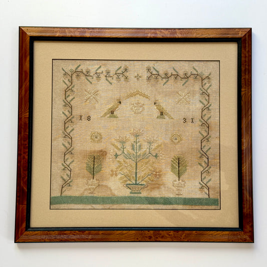 1831 English Needlepoint Sampler with Strawberry Vine, Birds, Tree in Burlwood Frame