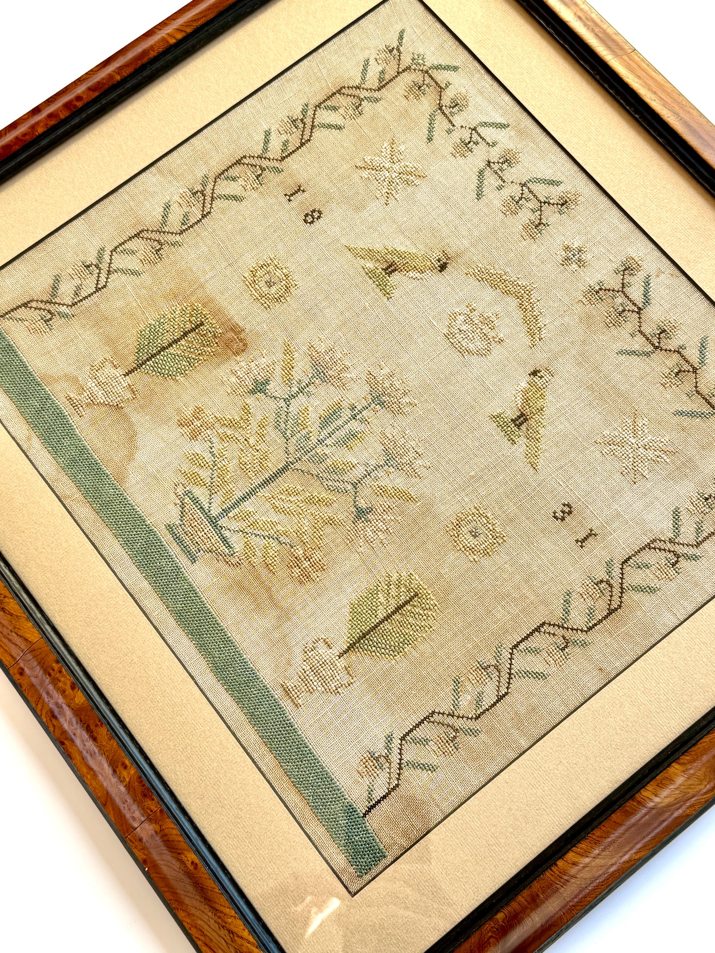 1831 English Needlepoint Sampler with Strawberry Vine, Birds, Tree in Burlwood Frame