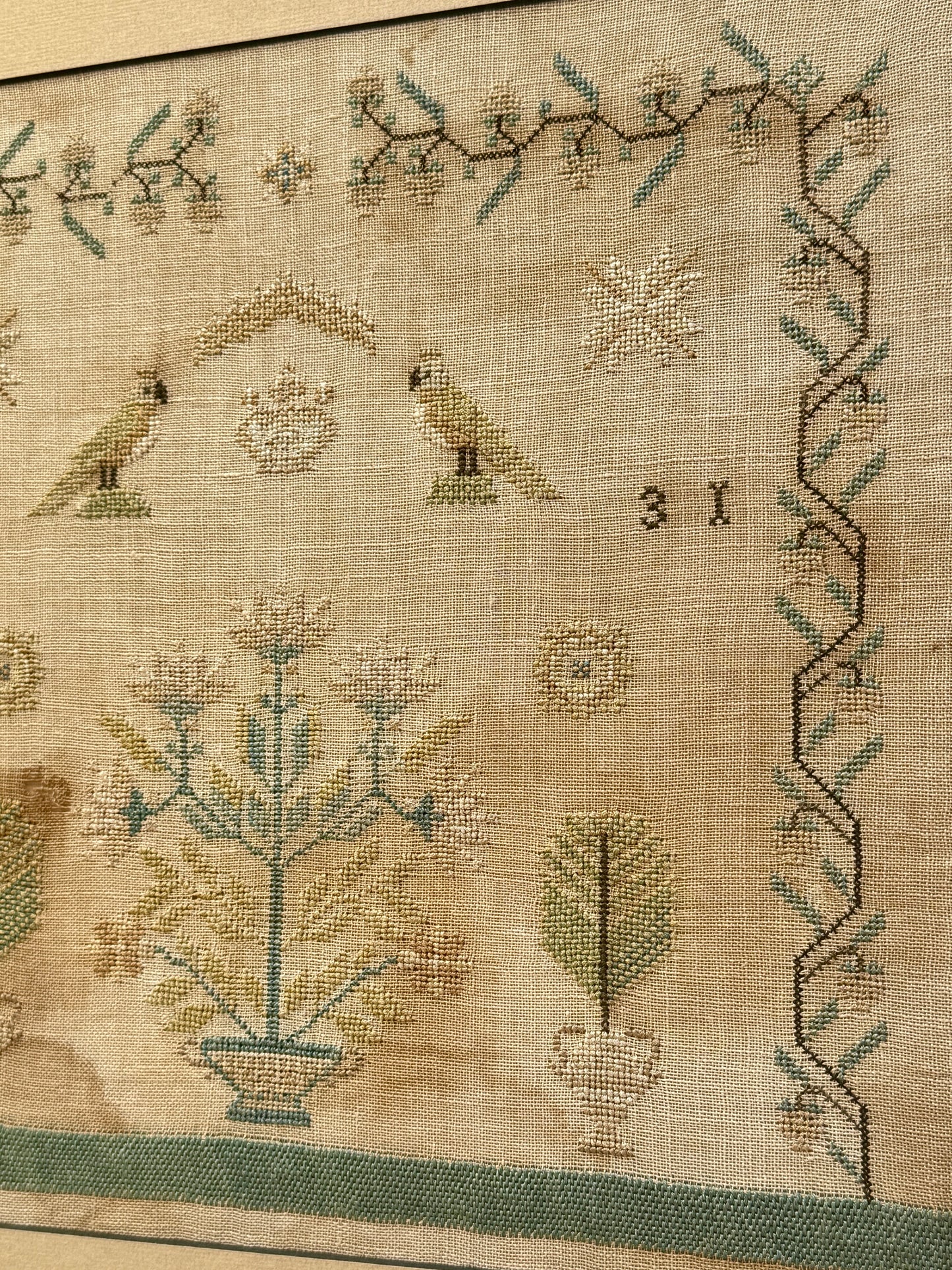 1831 English Needlepoint Sampler with Strawberry Vine, Birds, Tree in Burlwood Frame