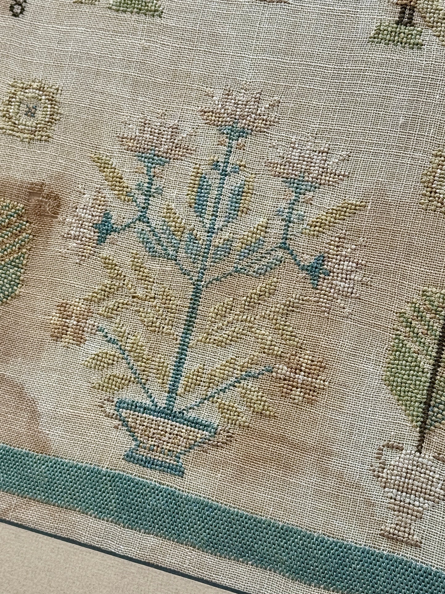 1831 English Needlepoint Sampler with Strawberry Vine, Birds, Tree in Burlwood Frame