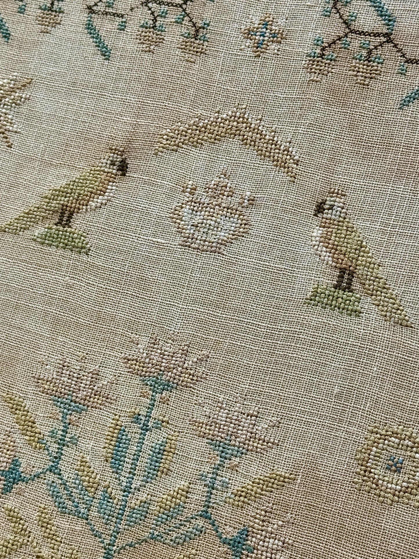 1831 English Needlepoint Sampler with Strawberry Vine, Birds, Tree in Burlwood Frame