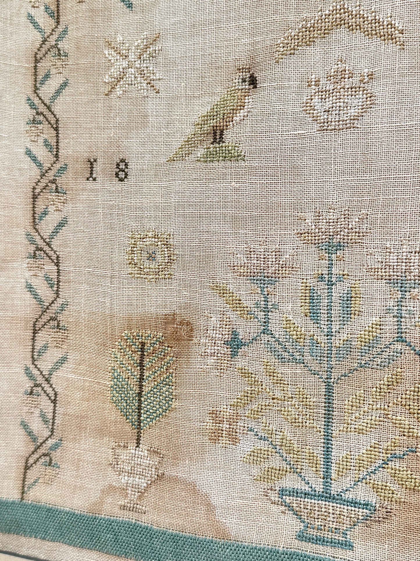 1831 English Needlepoint Sampler with Strawberry Vine, Birds, Tree in Burlwood Frame