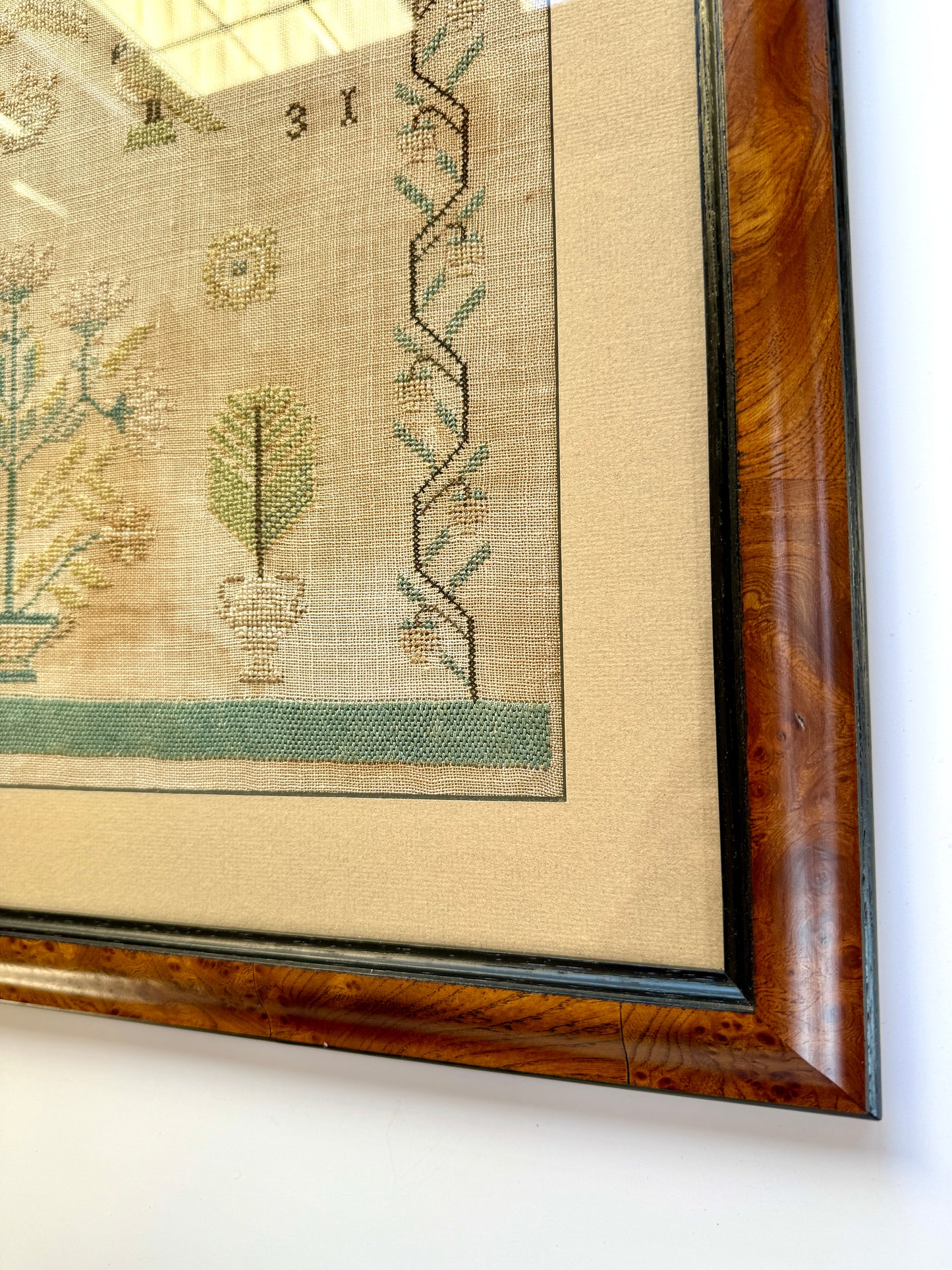 1831 English Needlepoint Sampler with Strawberry Vine, Birds, Tree in Burlwood Frame