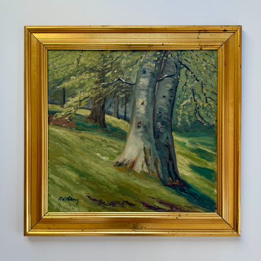 1950s Verdant Forest Landscape Oil Painting in Gold Frame