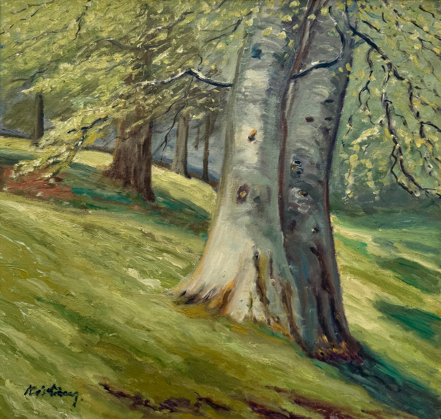 1950s Verdant Forest Landscape Oil Painting in Gold Frame