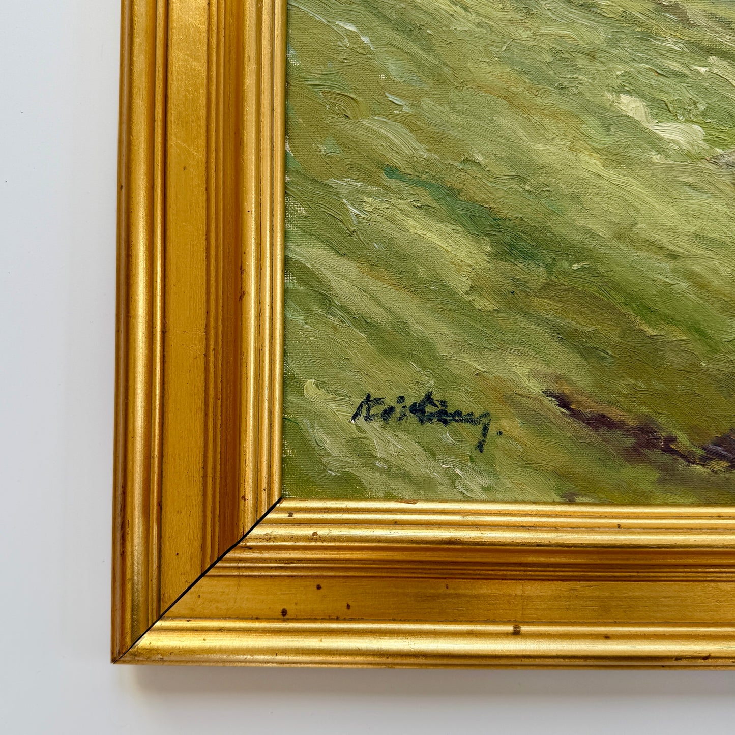 1950s Verdant Forest Landscape Oil Painting in Gold Frame